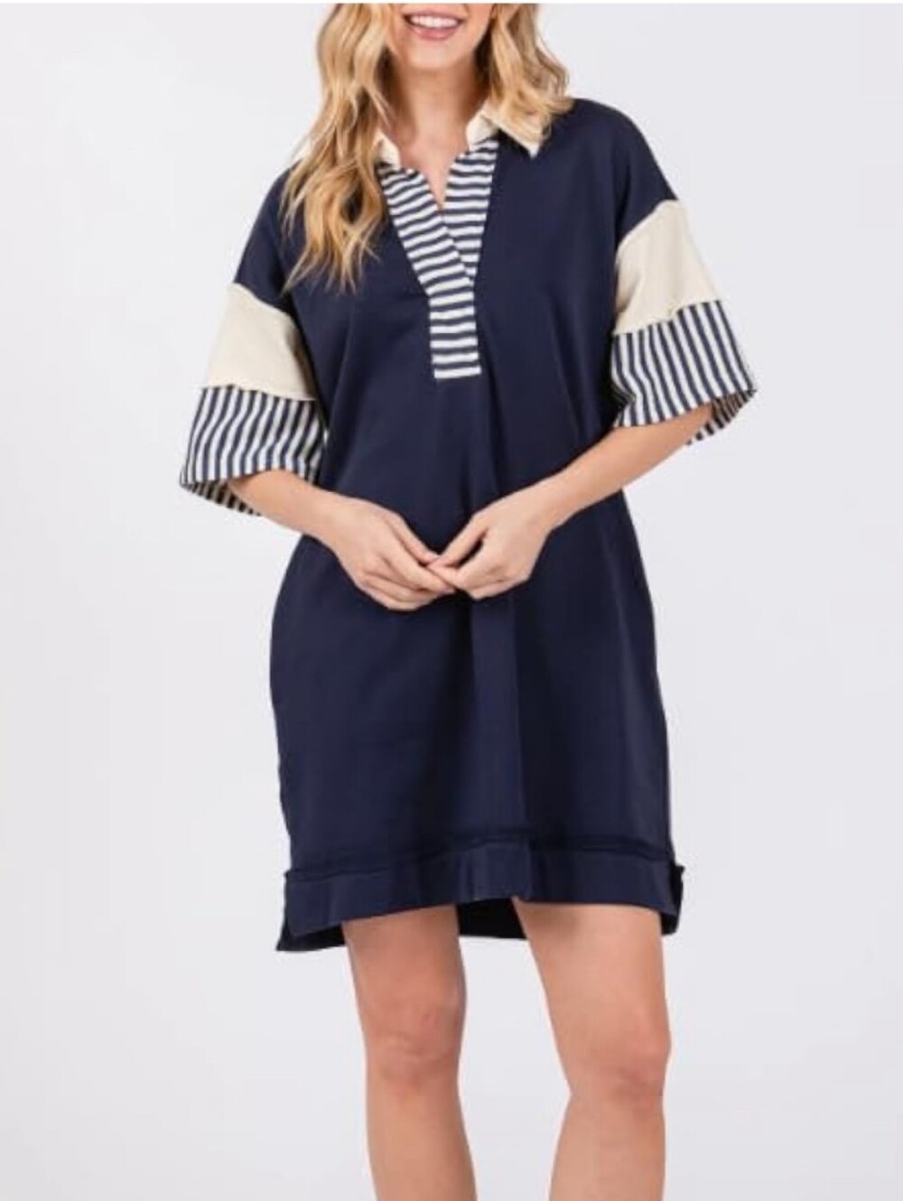 Entro Navy Blue 100% Cotton Striped Placket & Sleeve Polo Dress_Large